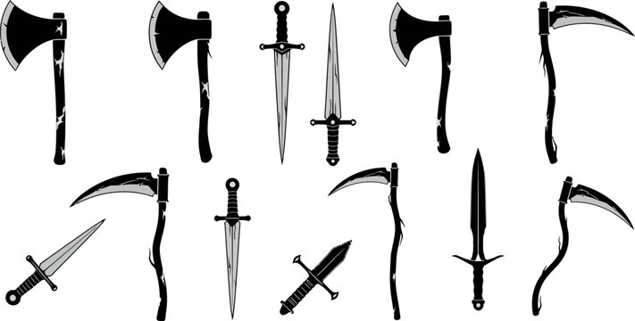 Medieval weapon silhouettes set, 12 black vector icons of axes and swords, ancient battle equipment for gaming and historical design