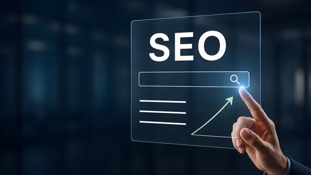 Search engine optimization concept with hand touching digital display graph