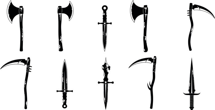 Medieval weapon silhouettes, 10 fantasy battle axes and daggers, black scythe and blade vector icons for gaming