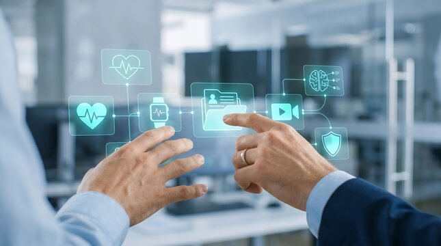 Professional businessman using futuristic digital interface for managing healthcare data and medical records