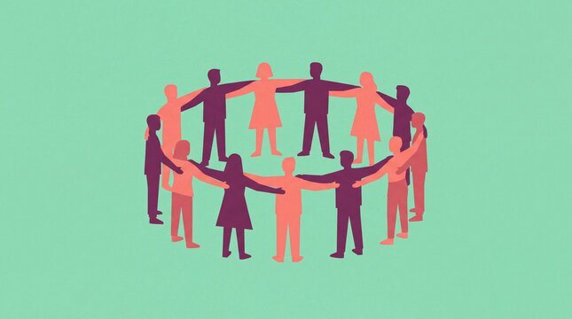 Diverse group of people standing in a circle holding hands for unity and teamwork concept