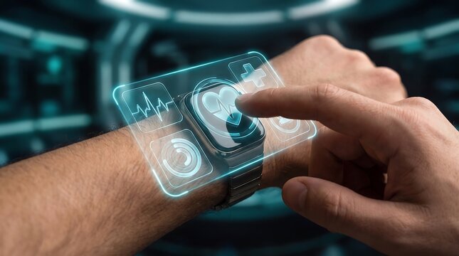Person using a futuristic smartwatch with digital health monitoring interface icons