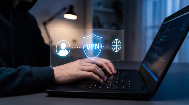 Person using a laptop with a digital vpn overlay, illustrating secure internet connection, cybersecurity, and online privacy