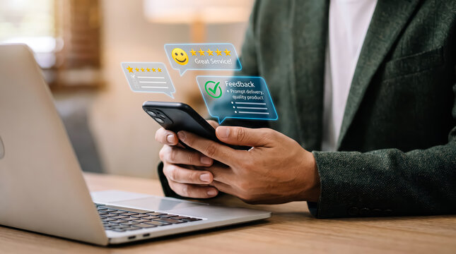 Businessman typing customer review and rating on mobile phone with virtual feedback icons, positive experience evaluation