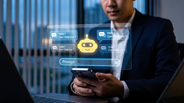 Asian businessman using smartphone with futuristic ai chatbot interface, virtual assistant, digital technology concept