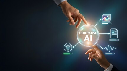 Obraz premium Hands reaching towards glowing artificial intelligence sphere with digital connections