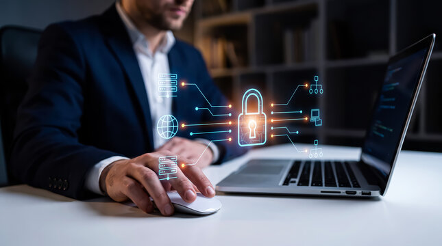 Businessman using laptop with cybersecurity pad lock and data icons interface concept, data protection, and network security