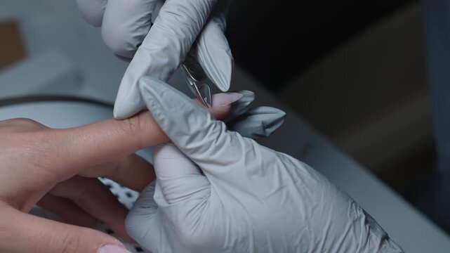 Nail technician removes cuticle with nippers after nail modeling and gel application during manicure procedure in beauty salon