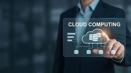 Obraz premium Business professional interacting with a cloud computing technology interface