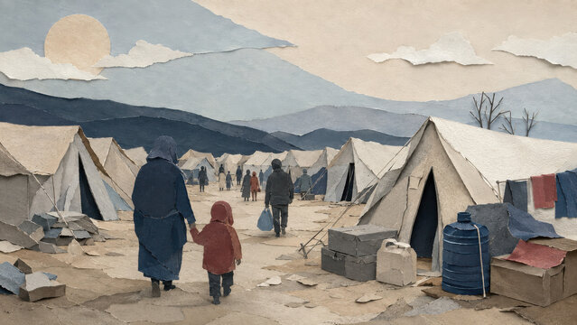 Life in a refugee camp as displaced families face uncertainty, illustrating humanitarian aid, shelter and the long wait for return