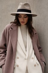 Fototapeta premium Elegant woman in chic beige fedora and oversized camel coat posing confidently against neutral urban wall, stylish autumn fashion with white double-breasted blazer and ribbed turtleneck, moody