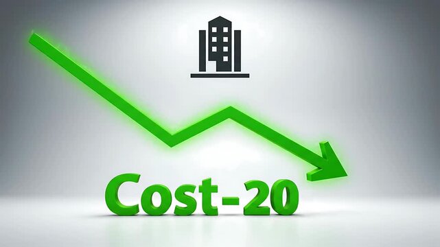 3D Business Infographic Animation Showing Stacks Of Money Turning Into Downward Arrow With Cost 20 Percent Text Concept.