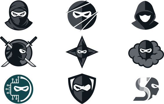 Ninja mascot and warrior icon set featuring traditional assassin heads swords shuriken shield smoke and tech elements for gaming security and business branding.