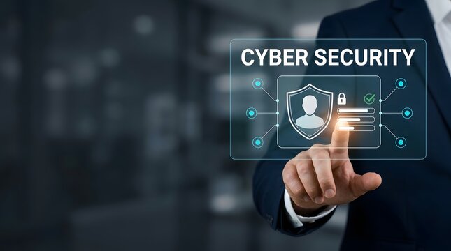 Businessman interacting with digital cyber security interface and network protection
