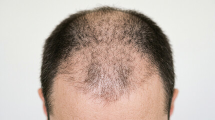 Fototapeta premium Close-Up View of Male Scalp Demonstrating Advanced Androgenetic Alopecia with Hair Thinning and Receding Hairline