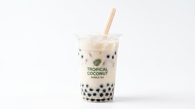 Tropical coconut bubble tea is served in a branded plastic cup with a straw on a transparent background area.