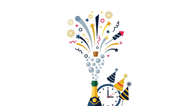 Colorful fireworks exploding clock midnight.