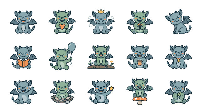 Adorable Cartoon Baby Gargoyles Collection with Various Poses and Cute Expressions.