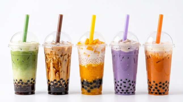 Bubble tea assortment featuring colorful boba drinks in plastic cups stands against a neutral backdrop.