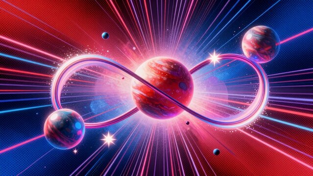 Vibrant Cosmic Infinity Symbol with Planets and Neon Light Rays