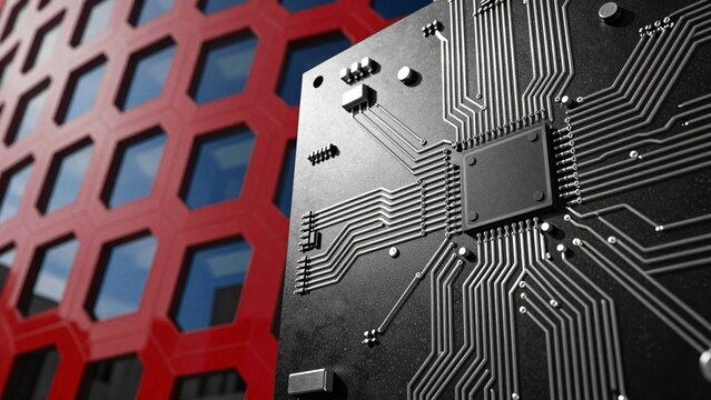 Close-up of Circuit Board Against Modern Red Hexagonal Building Background