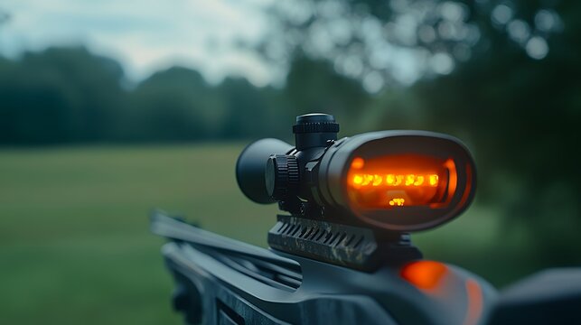 A close-up view of a rifle scope with illuminated reticle, mounted on a firearm in a natural outdoor setting