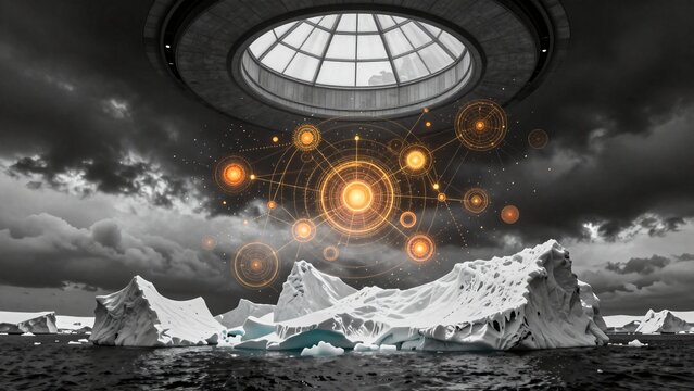 Futuristic Dome Over Arctic Icebergs with Glowing Celestial Patterns