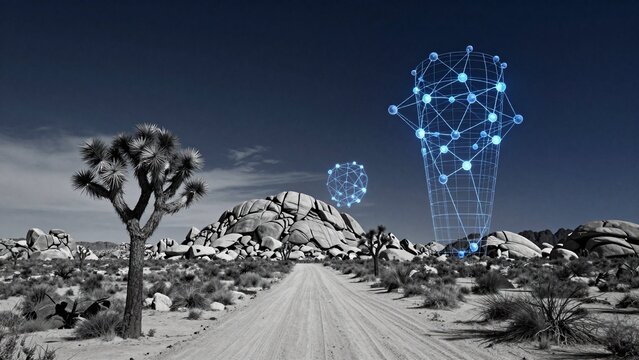 Futuristic Desert Landscape with Digital Wireframe Technology Concept