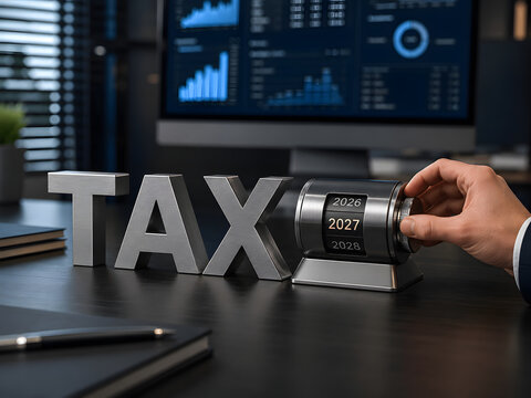 Businessman turning a date dial to 2027 for tax preparation.