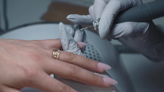 Electric nail preparation using drill for even polygel application and high quality nail extension in beauty salon