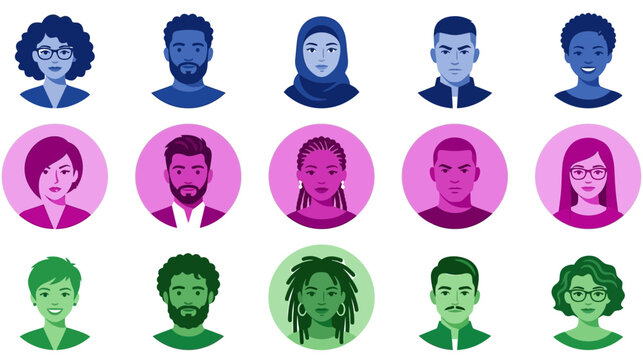 Diverse collection of colorful avatar portraits representing a wide range of ethnicities genders and cultural backgrounds for modern digital interfaces
