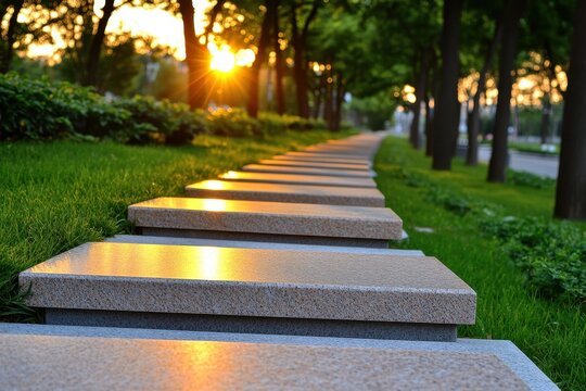 Sunlit granite steps create a peaceful pathway through a tree-lined park at sunset