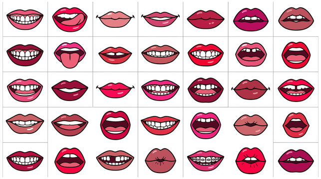 A vibrant collection of cartoon lips showcasing diverse expressions from cheerful smiles to playful sticking out tongues and surprised open mouths