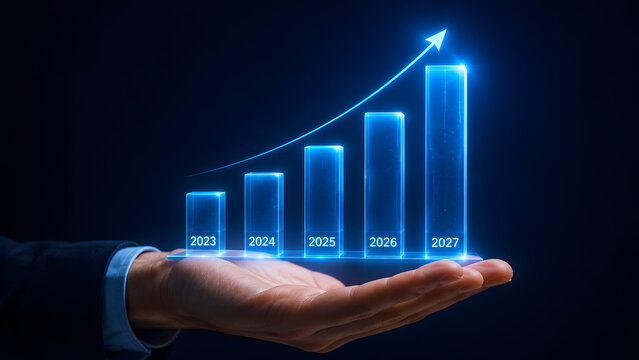 Business growth chart showing upward trend for future years.