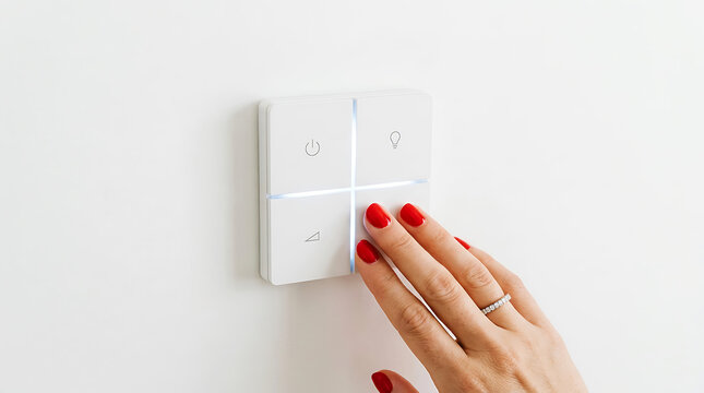 Woman's hand activating a white smart light switch finger pressing