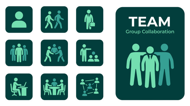 Illustrating teamwork and collaboration concepts through a diverse collection of iconographic representations of people interacting and working together