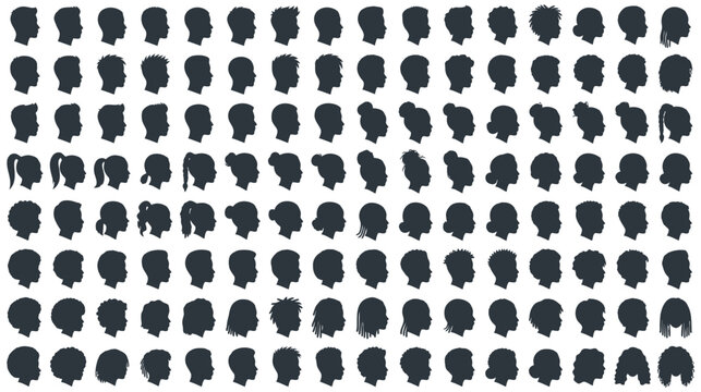 A diverse collection of silhouette heads representing a wide spectrum of hairstyles profiles and anonymous human forms for design applications