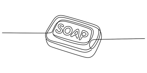 Bar of soap with text continuous line art vector illustration for personal hygiene clean body care and washing hands concept. © Purnima