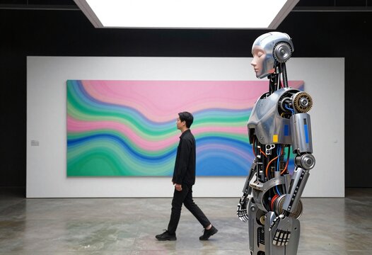 Humanoid Robot in Modern Art Gallery with Walking Visitor
