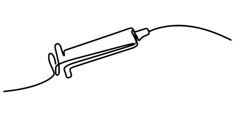 Fototapeta premium Minimalist continuous line art of a medical syringe with a needle, depicting health, vaccination, injection, and healthcare concepts.