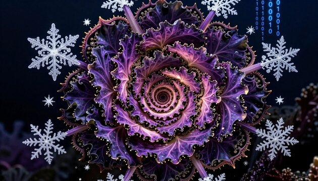 Digital Fractal Bloom with Snowflakes and Binary Code