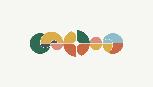 Abstract modern geometric composition with colorful semi circles and shapes arranged in a horizontal pattern.