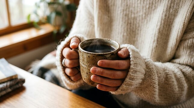 Person wearing a cozy knitted sweater holding a warm steaming mug of coffee by a sunny window