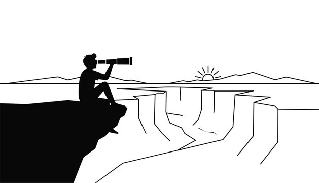 Silhouette of a man sitting on a cliff edge looking through a telescope towards the sunrise in the mountains.