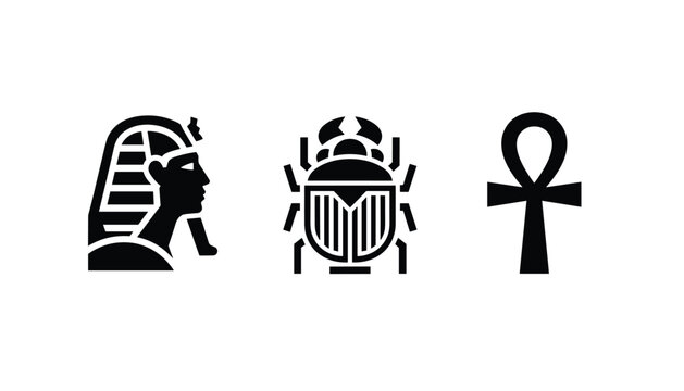 Three ancient Egyptian icons including a pharaoh profile, scarab beetle, and ankh key as black silhouettes.