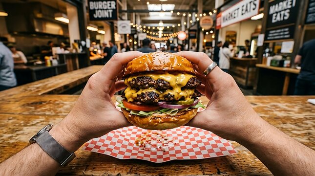 Close up of a person holding a delicious gourmet cheeseburger inside a busy indoor food market hall