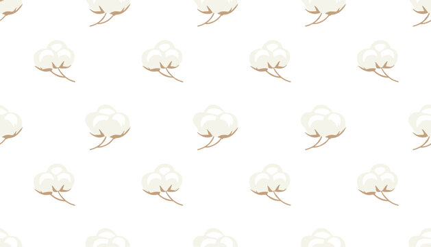 Seamless vector pattern of white cotton bolls and stems arranged diagonally on a clean white background.