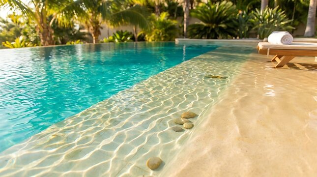 Luxury infinity swimming pool at a tropical resort with palm trees and sun loungers in the background