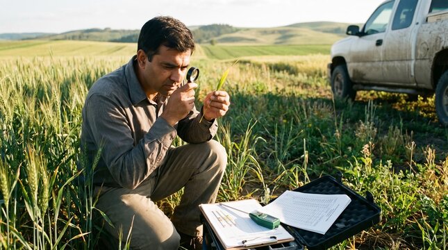 Agricultural scientist examines crop field with magnifying glass, data sheet