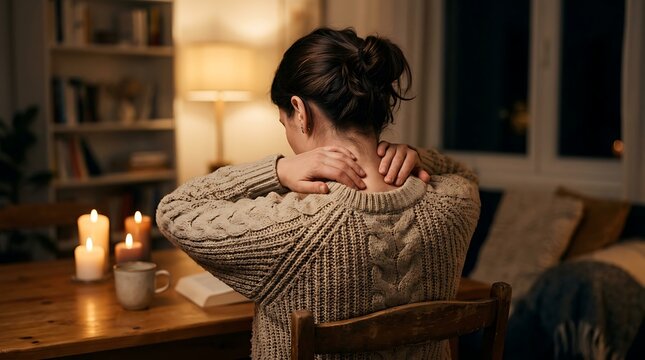 Woman sitting at home in a cozy sweater feeling neck pain and massaging her sore muscles in the evening